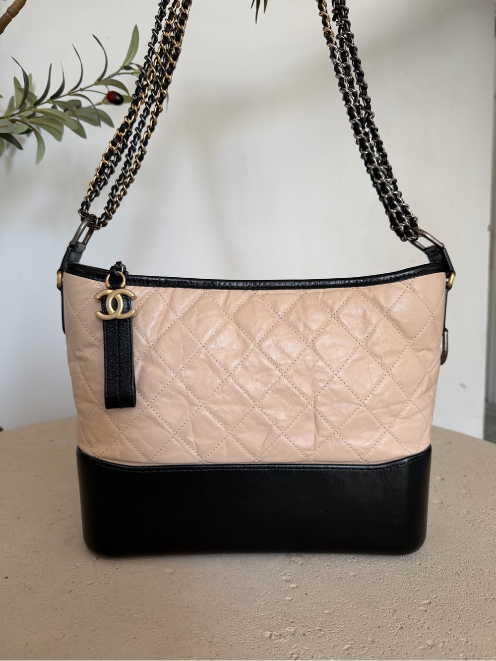 Chanel Gabrielle Hobo Beige and Black Quilted Shoulder Bag